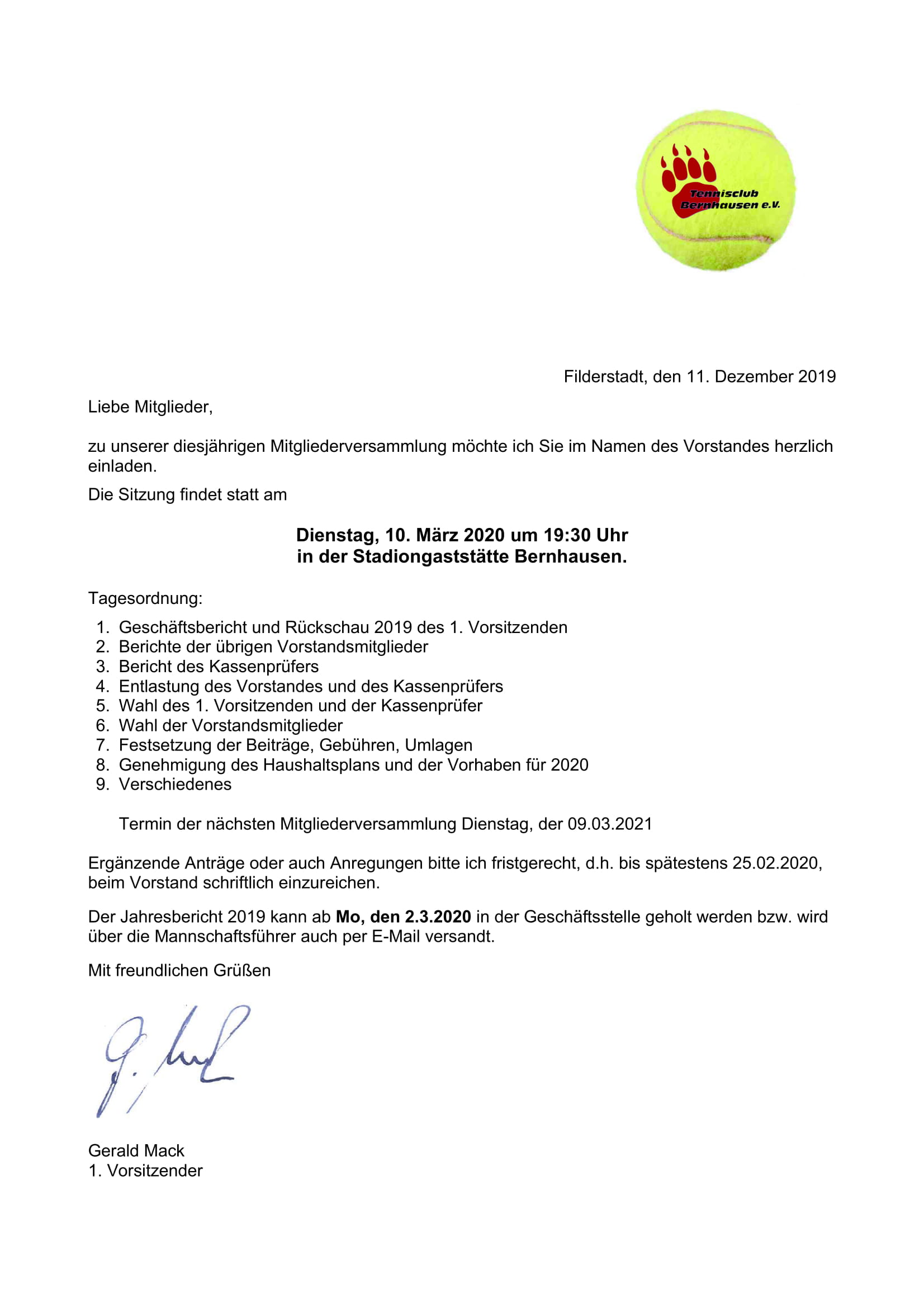 Einladung Mitgliederversammlung 2020